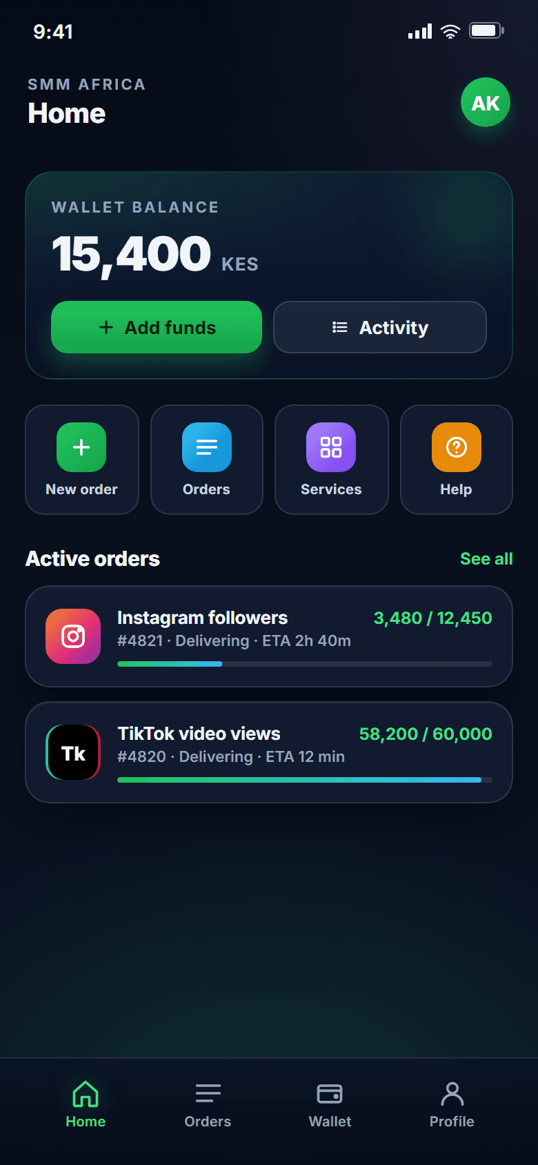 SMM Africa workspace showing live catalog, wallet, and order tracking