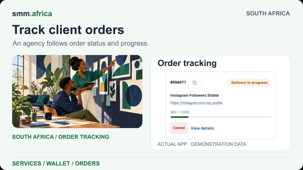 South Africa agency illustration paired with a SMM Africa order progress card using demonstration data.