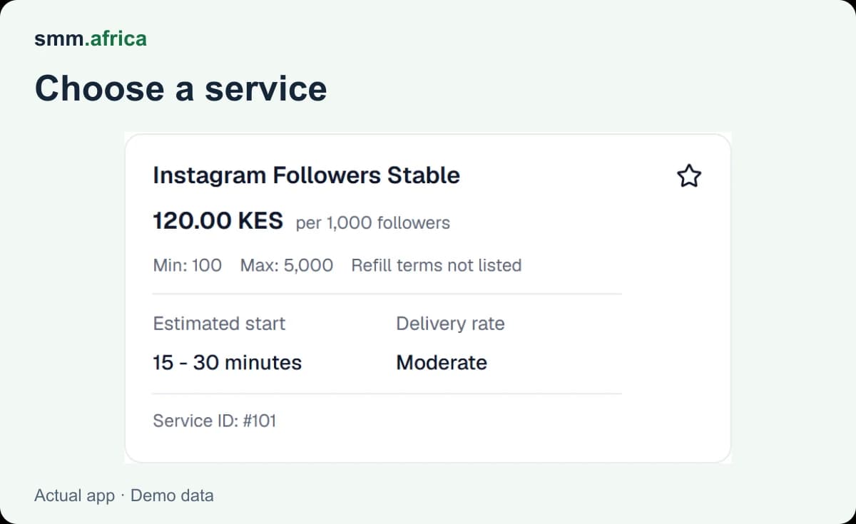 A focused SMM Africa service card showing the price and order limits with demonstration data.