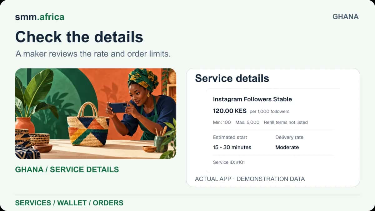 Ghana maker illustration paired with SMM Africa service rates and order limits using demonstration data.