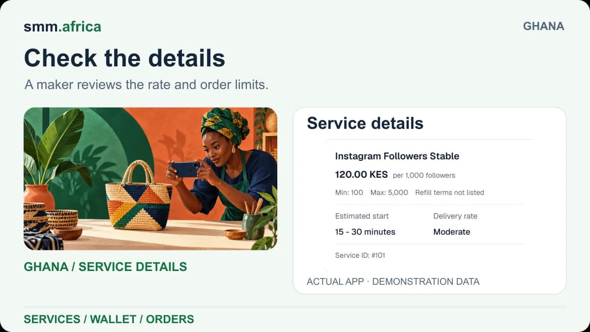 Ghana maker illustration paired with SMM Africa service rates and order limits using demonstration data.