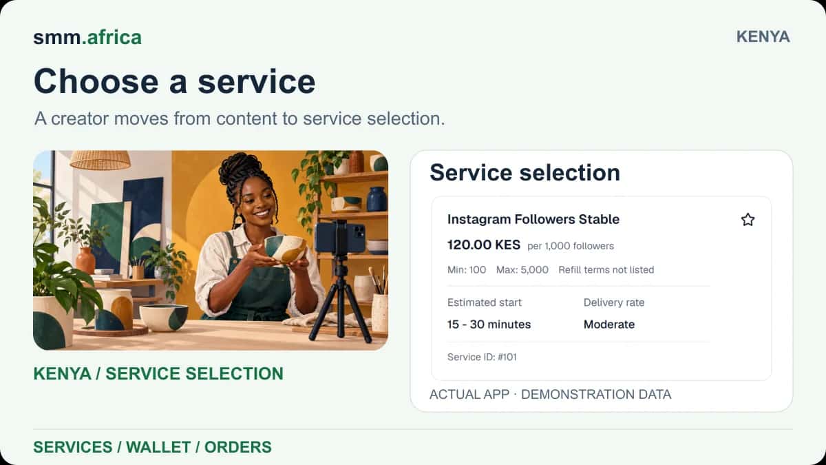 Kenya creator illustration paired with the SMM Africa service selection card using demonstration data.