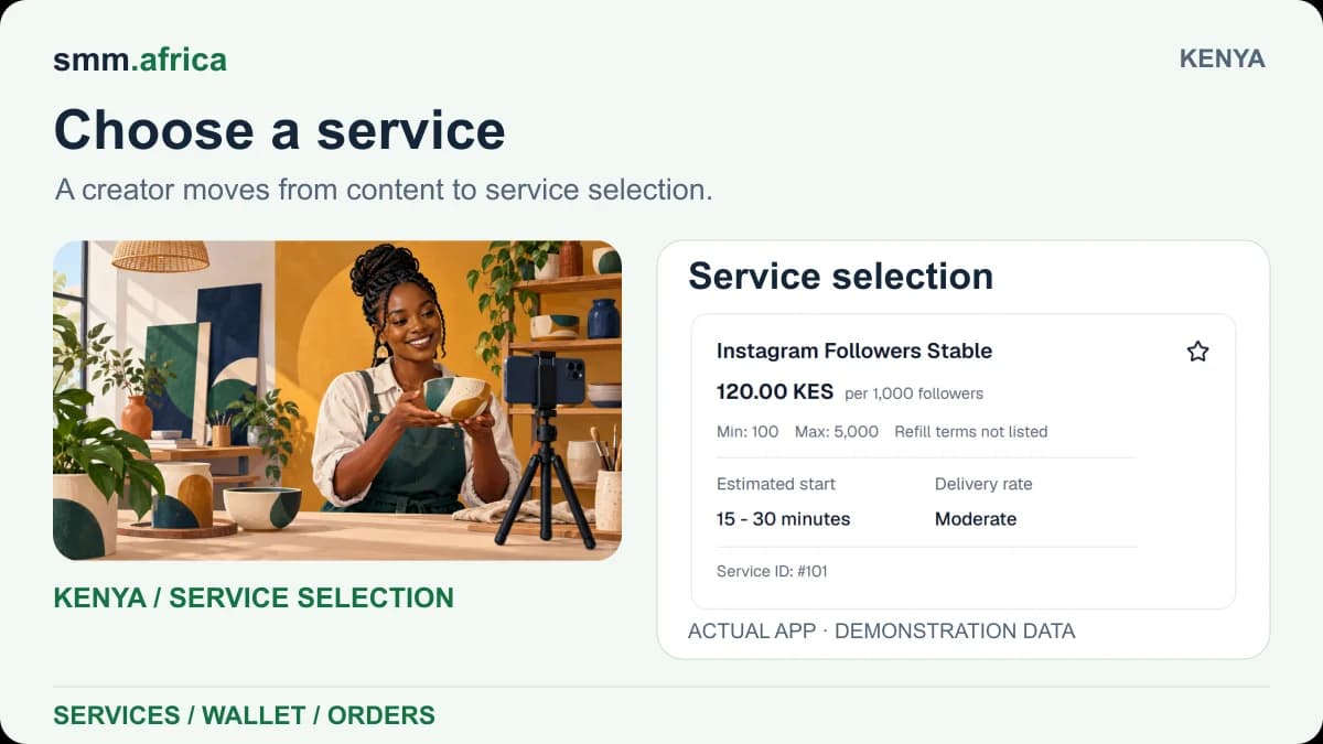 Kenya creator illustration paired with the SMM Africa service selection card using demonstration data.
