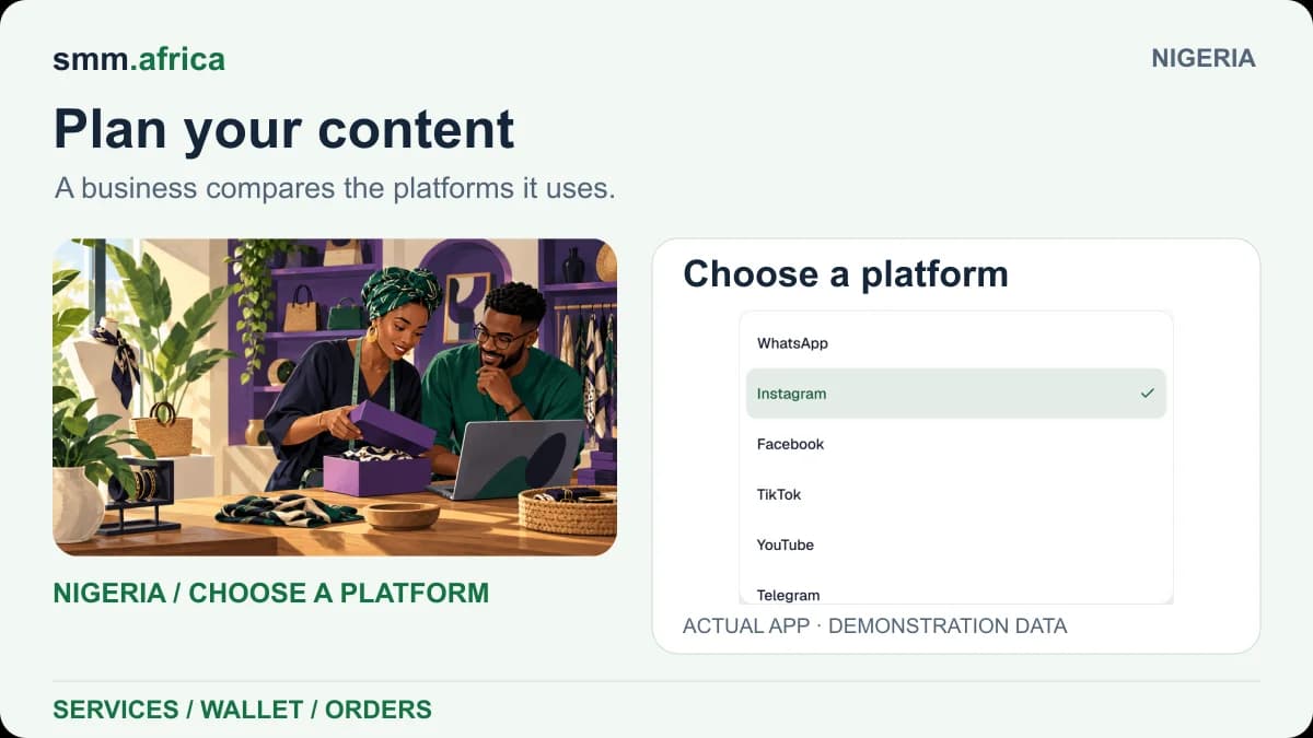 Nigeria business illustration paired with the SMM Africa platform selector for content planning.